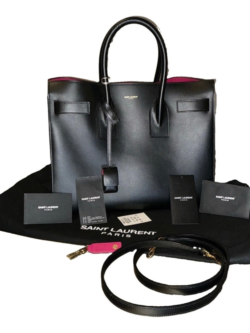 Saint Laurent Black Medium Satchel Top Handle, Strap, Gold Hardware, Pink Lining
